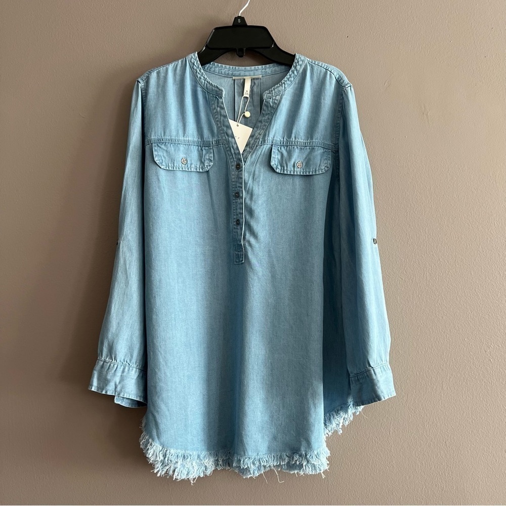 Hester & Orchard Women’s Shirt Tencel Button Slit Neck Blue Fringe Hem Small - Picture 9 of 16
